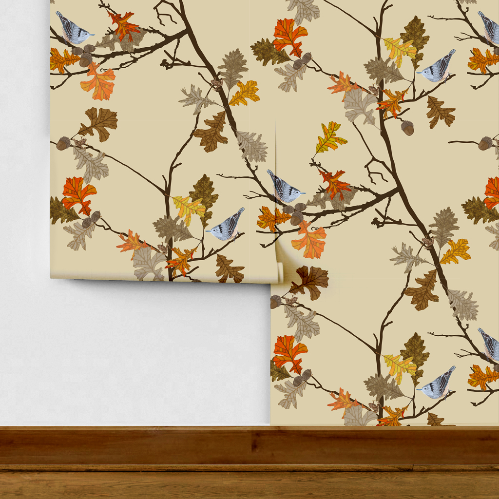 The artwork consists of delicate autumn branches adorned with detailed oak leaves in various shades of orange, yellow, brown, and tan. The branches intertwine gracefully against a solid beige background, creating an elegant and natural composition. Two small nuthatch birds with intricate black-and-white plumage are perched among the leaves, adding a subtle contrast and a lively element to the piece. Tree frogs are nestled in the joining twigs. The overall style is refined and decorative, highlighting the beauty of fall foliage and wildlife.